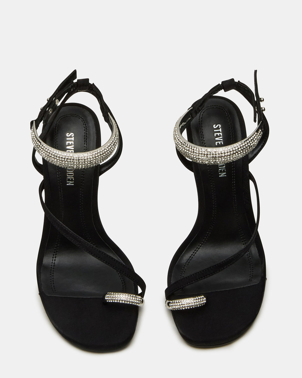 TIA Rhinestones Black Satin Open-Toe Stiletto Women's Heel | Steve Madden