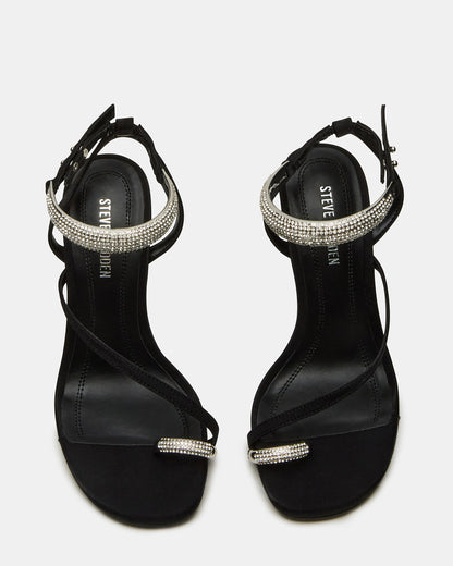 TIA Rhinestones Black Satin Open-Toe Stiletto Women's Heel | Steve Madden