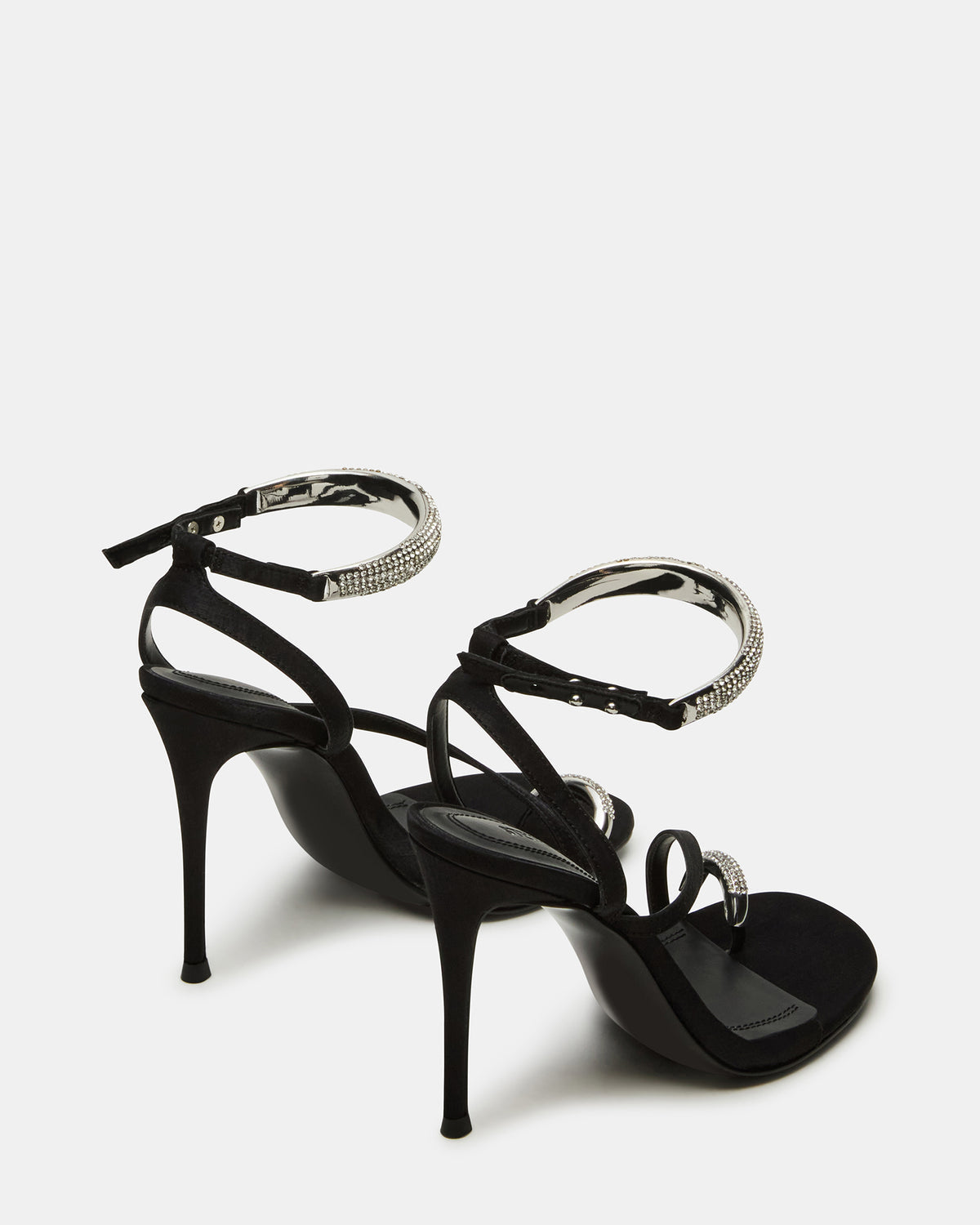 TIA Rhinestones Black Satin Open-Toe Stiletto Women's Heel | Steve Madden