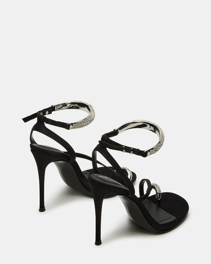 TIA Rhinestones Black Satin Open-Toe Stiletto Women's Heel | Steve Madden