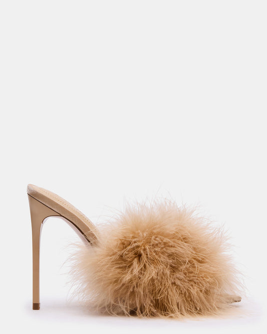 ASHBEY Tan Multi Pointed-Toe Feather Mule Stiletto Women's Heel | Steve Madden