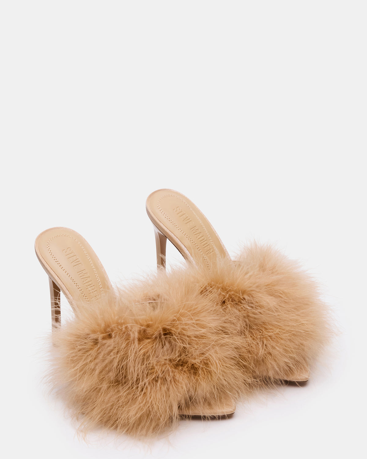 ASHBEY Tan Multi Pointed-Toe Feather Mule Stiletto Women's Heel | Steve Madden