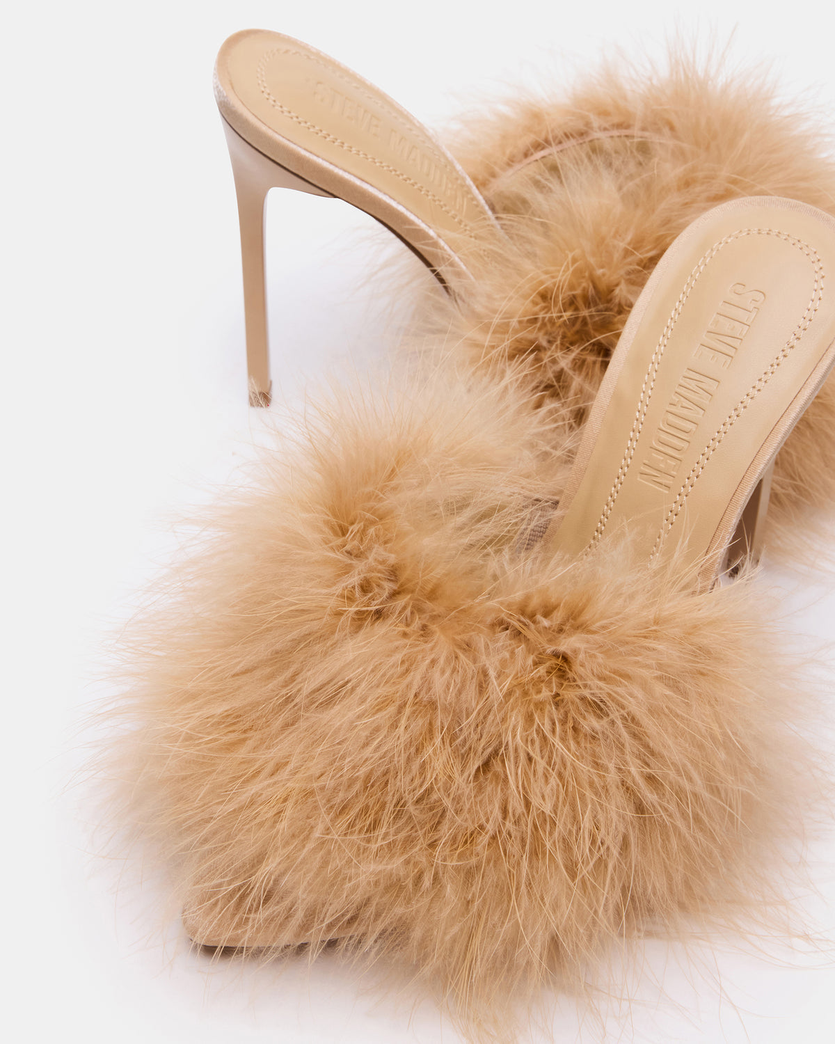 ASHBEY Tan Multi Pointed-Toe Feather Mule Stiletto Women's Heel | Steve Madden