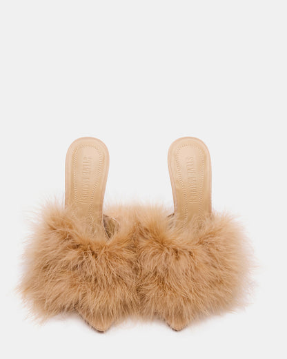 ASHBEY Tan Multi Pointed-Toe Feather Mule Stiletto Women's Heel | Steve Madden