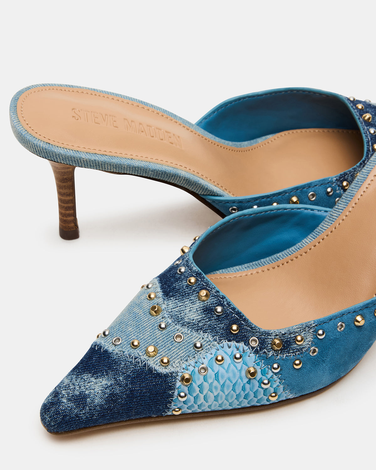 ALEXI Denim Multi Studs Pointed-Toe Mule Women's Heel | Steve Madden