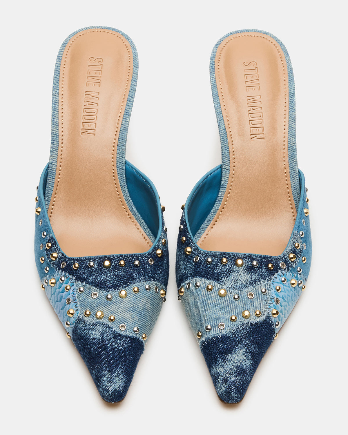 ALEXI Denim Multi Studs Pointed-Toe Mule Women's Heel | Steve Madden