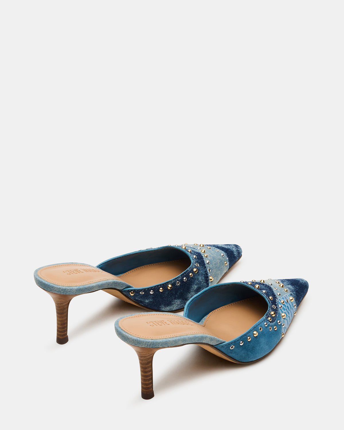 ALEXI Denim Multi Studs Pointed-Toe Mule Women's Heel | Steve Madden