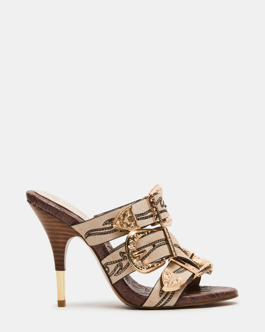 FARRA White Distressed Western-Inspired Stiletto Buckle Mule Women's Heel | Steve Madden