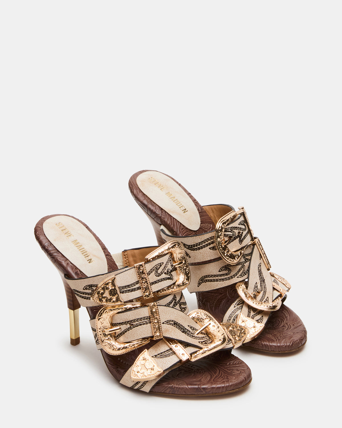FARRA White Distressed Western-Inspired Stiletto Buckle Mule Women's Heel | Steve Madden