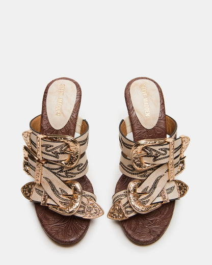 FARRA White Distressed Western-Inspired Stiletto Buckle Mule Women's Heel | Steve Madden