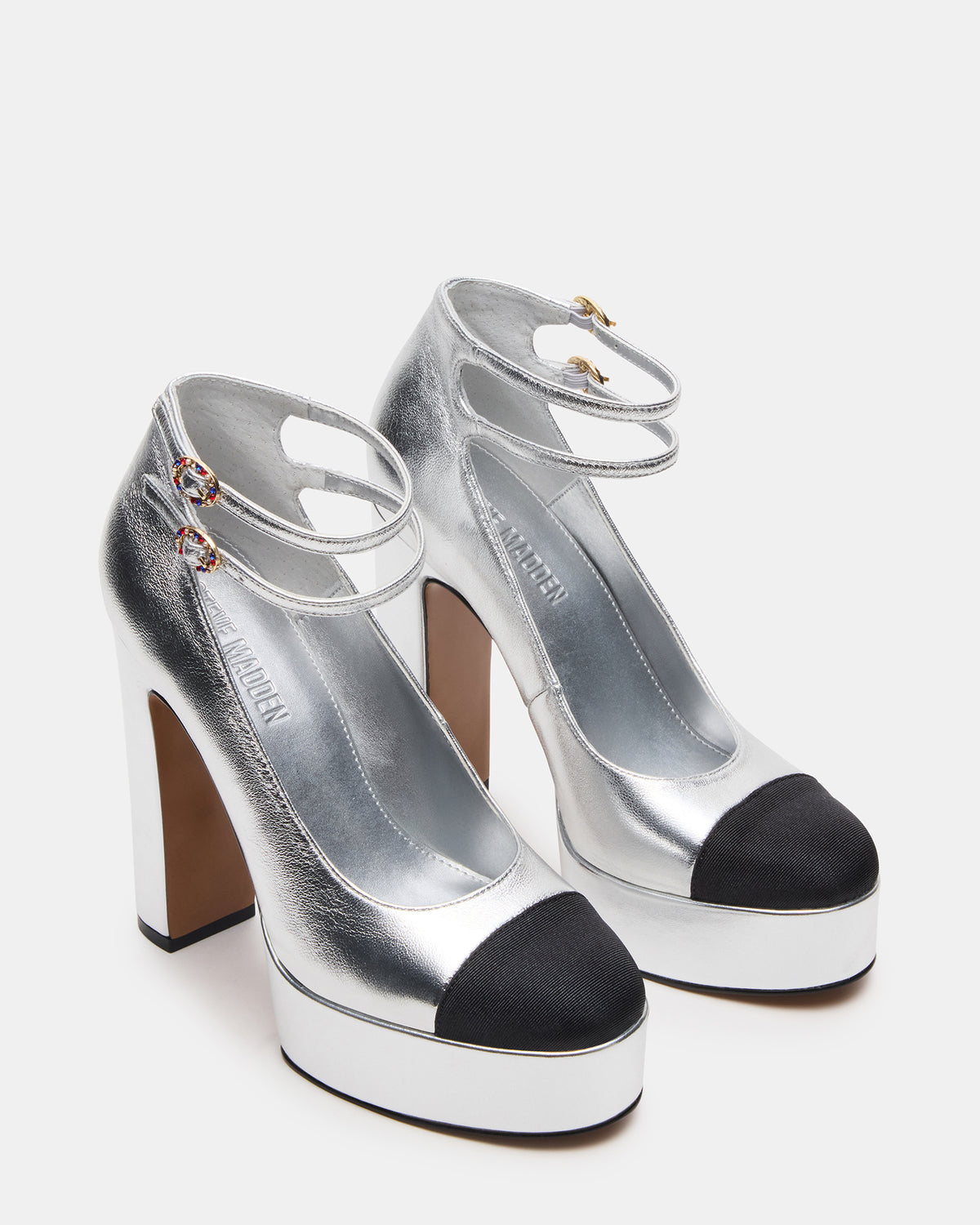 PEYTON Silver Leather Block Heel Platform Women's Heel | Steve Madden
