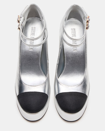PEYTON Silver Leather Block Heel Platform Women's Heel | Steve Madden