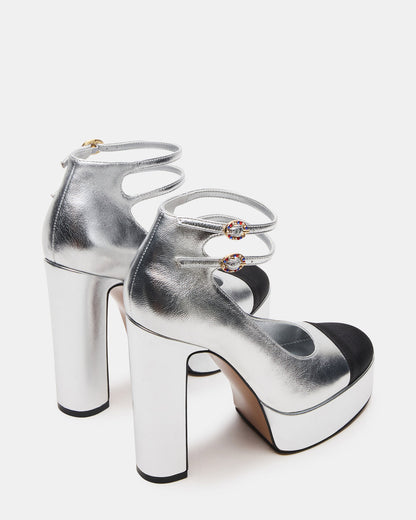 PEYTON Silver Leather Block Heel Platform Women's Heel | Steve Madden