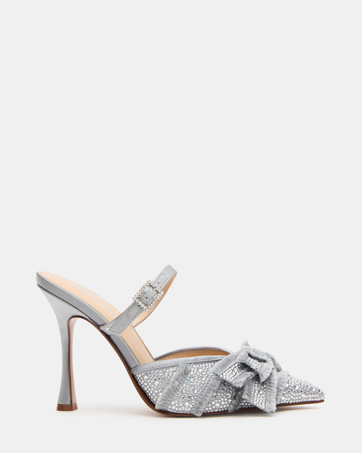 BAYLIN Grey Satin Rhinestones Bow Pointed-Toe Stiletto Women's Heel | Steve Madden