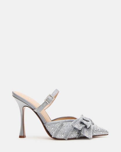 BAYLIN Grey Satin Rhinestones Bow Pointed-Toe Stiletto Women's Heel | Steve Madden