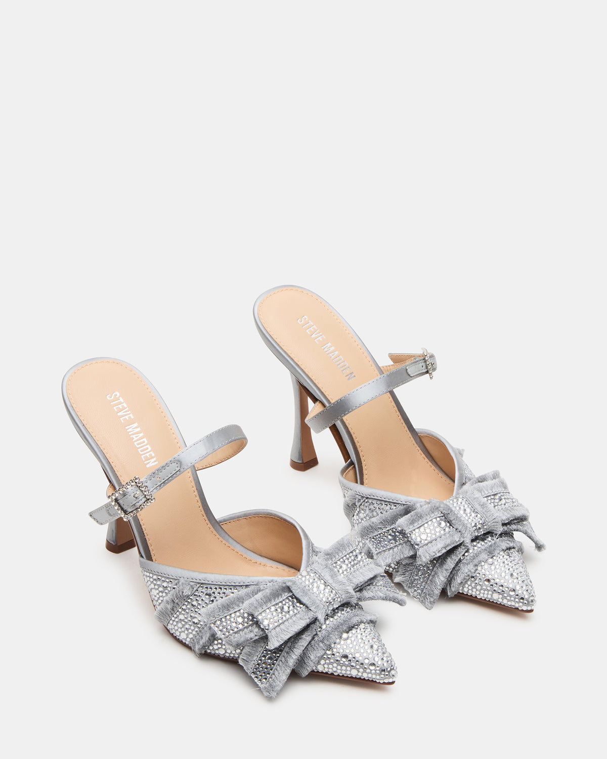 BAYLIN Grey Satin Rhinestones Bow Pointed-Toe Stiletto Women's Heel | Steve Madden