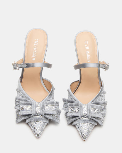 BAYLIN Grey Satin Rhinestones Bow Pointed-Toe Stiletto Women's Heel | Steve Madden