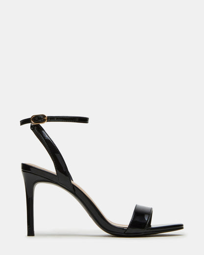 SUZIE Black Patent Women's Open Toe Stiletto Strappy Heel | Steve Madden