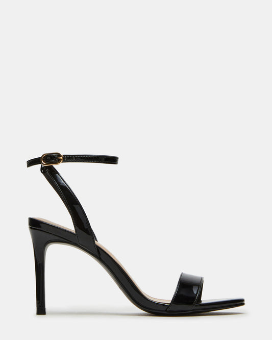 SUZIE Black Patent Women's Open Toe Stiletto Strappy Heel | Steve Madden