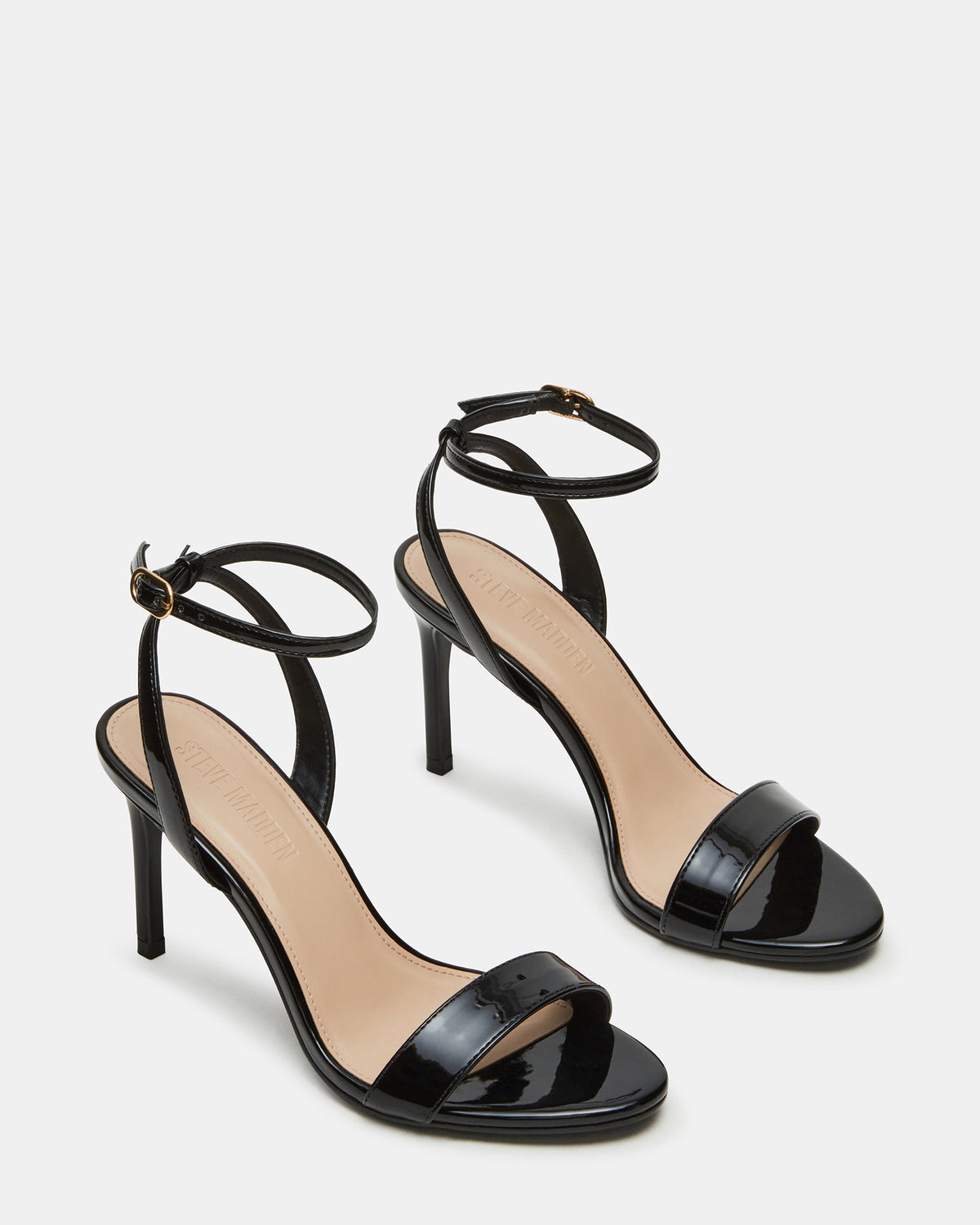 SUZIE Black Patent Women's Open Toe Stiletto Strappy Heel | Steve Madden