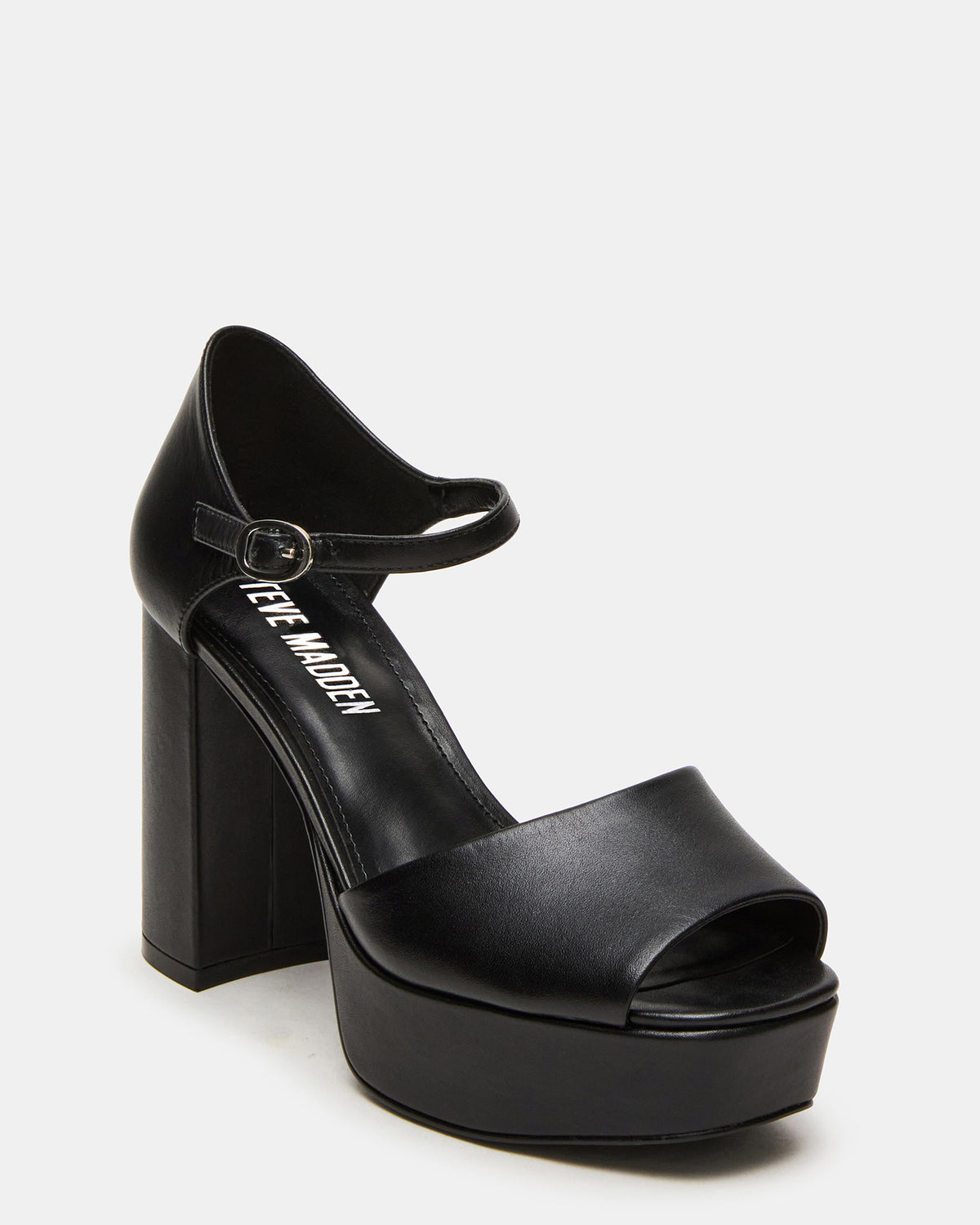 LONDON Black Leather Platfrom Block Heel Square-Toe Women's Heel | Steve Madden