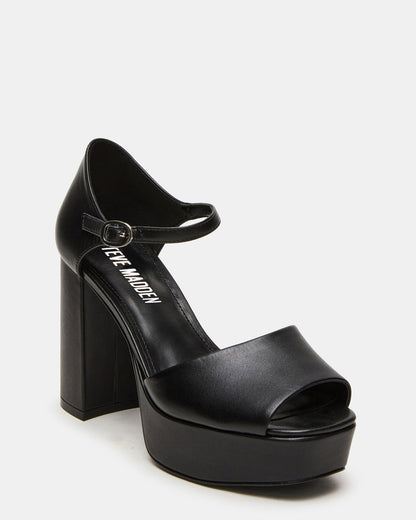 LONDON Black Leather Platfrom Block Heel Square-Toe Women's Heel | Steve Madden