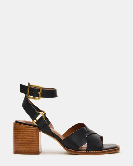 TRURO Black Leather Strappy Wood Bottom Square-Toe Women's Heel | Steve Madden