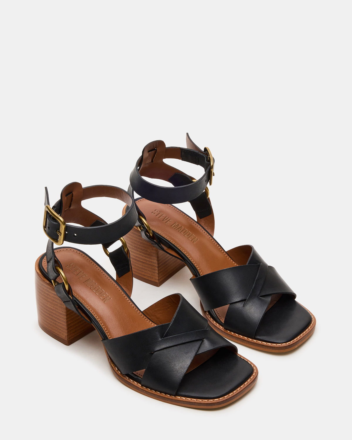 TRURO Black Leather Strappy Wood Bottom Square-Toe Women's Heel | Steve Madden