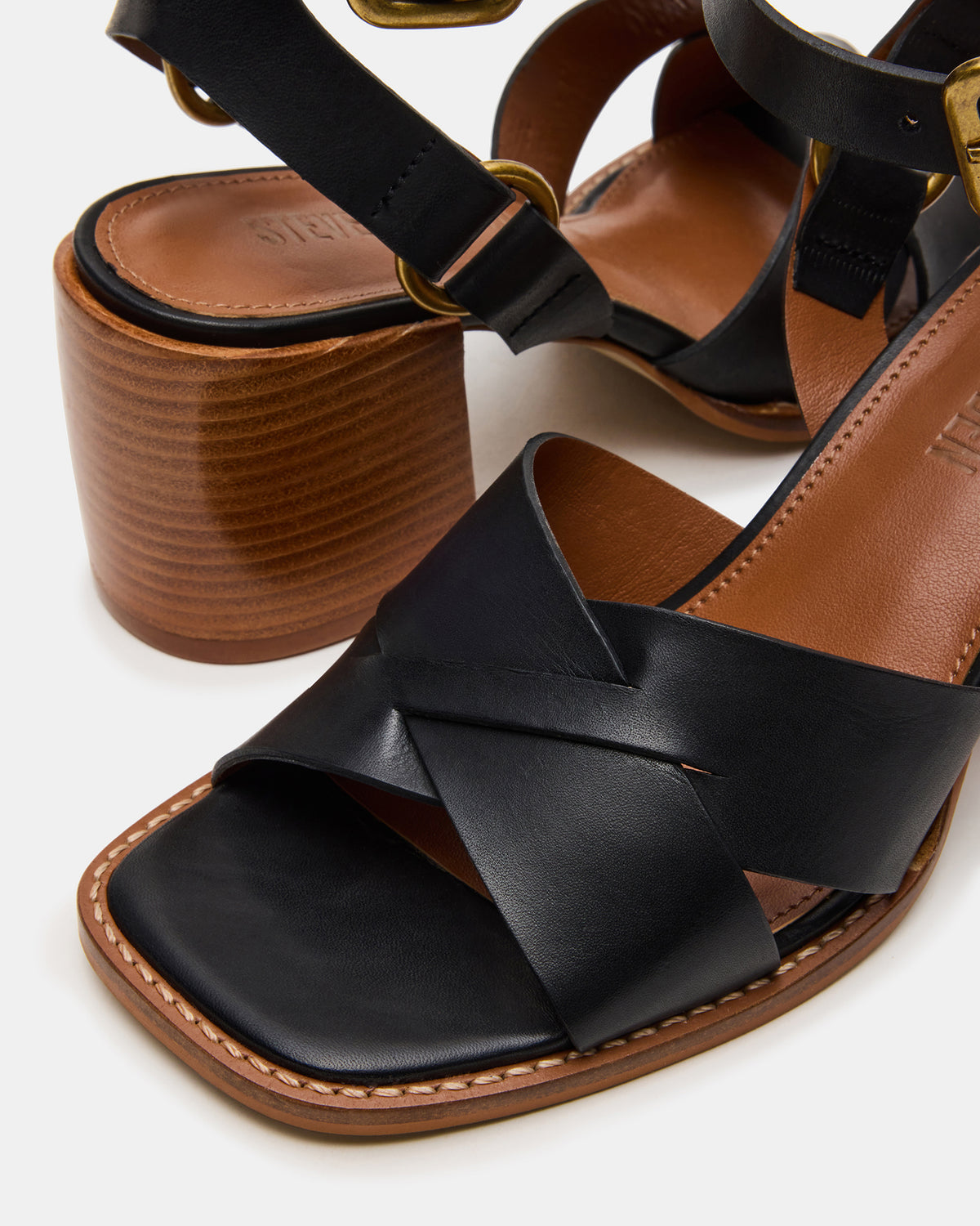 TRURO Black Leather Strappy Wood Bottom Square-Toe Women's Heel | Steve Madden