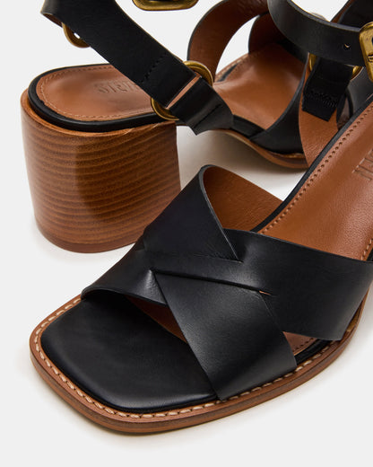 TRURO Black Leather Strappy Wood Bottom Square-Toe Women's Heel | Steve Madden