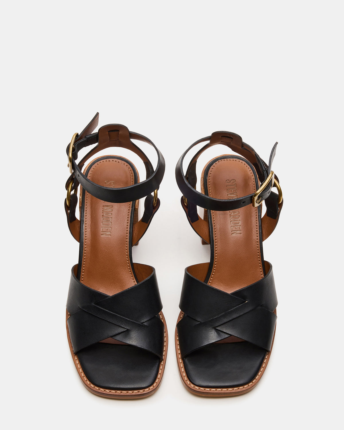 TRURO Black Leather Strappy Wood Bottom Square-Toe Women's Heel | Steve Madden