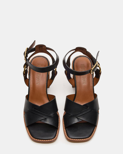 TRURO Black Leather Strappy Wood Bottom Square-Toe Women's Heel | Steve Madden