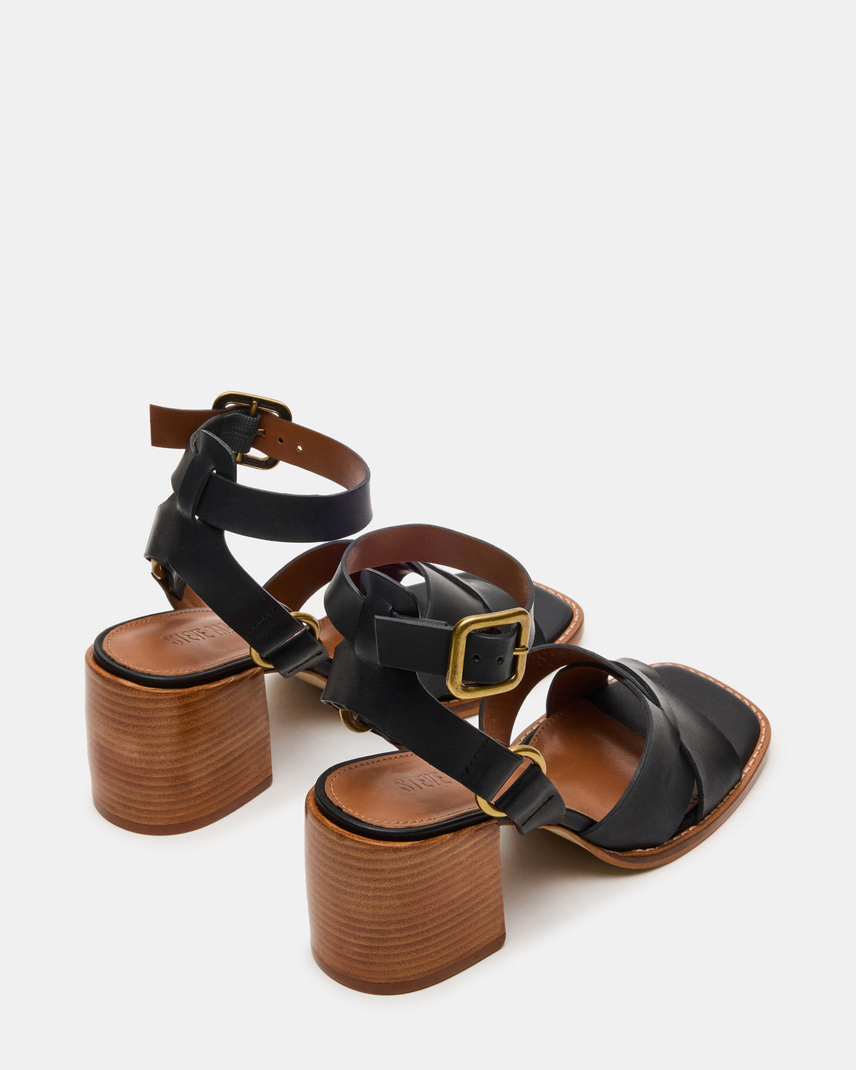 TRURO Black Leather Strappy Wood Bottom Square-Toe Women's Heel | Steve Madden
