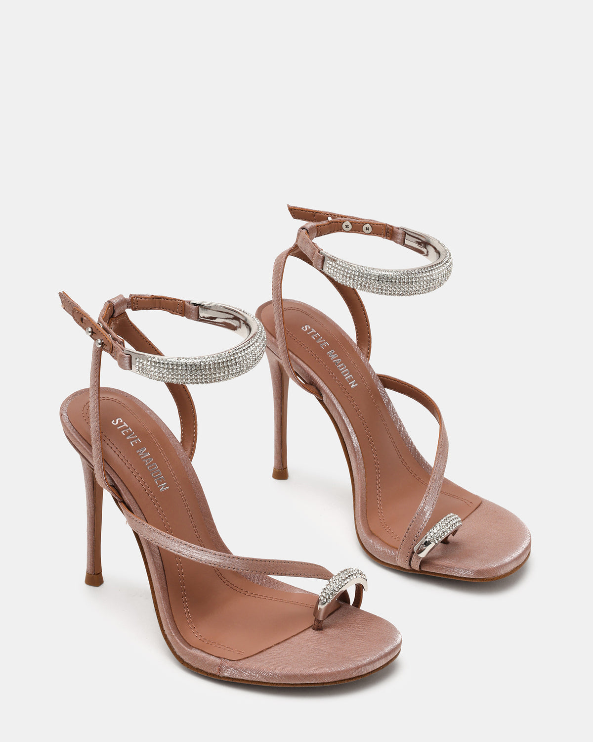 TIA Rhinestones Mocha Satin Open-Toe Stiletto Women's Heel | Steve Madden