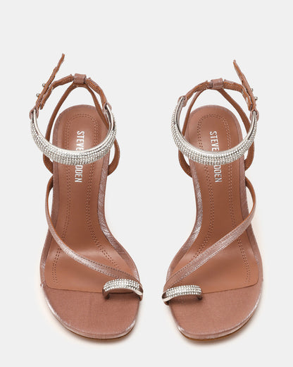 TIA Rhinestones Mocha Satin Open-Toe Stiletto Women's Heel | Steve Madden