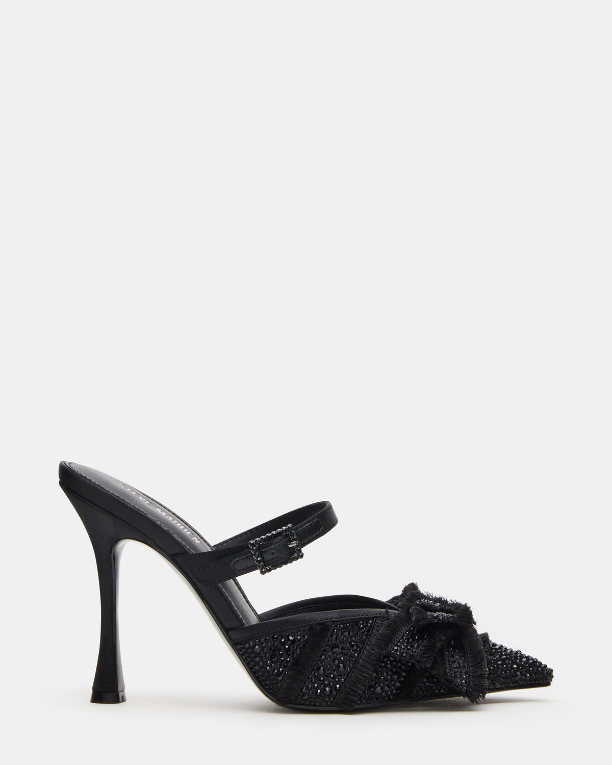 BAYLIN Black Satin Rhinestones Bow Pointed-Toe Stiletto Women's Heel | Steve Madden