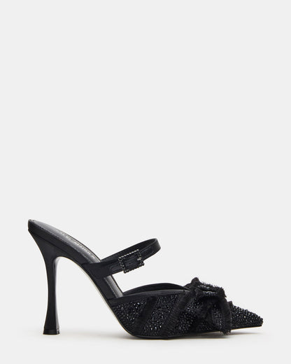 BAYLIN Black Satin Rhinestones Bow Pointed-Toe Stiletto Women's Heel | Steve Madden