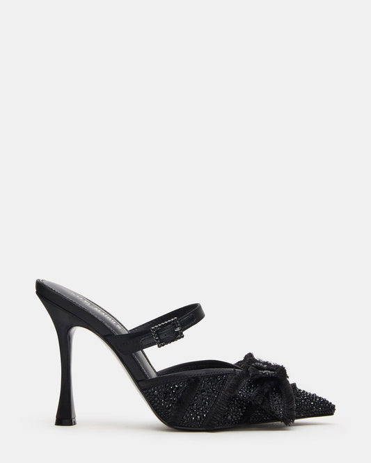 BAYLIN Black Satin Rhinestones Bow Pointed-Toe Stiletto Women's Heel | Steve Madden