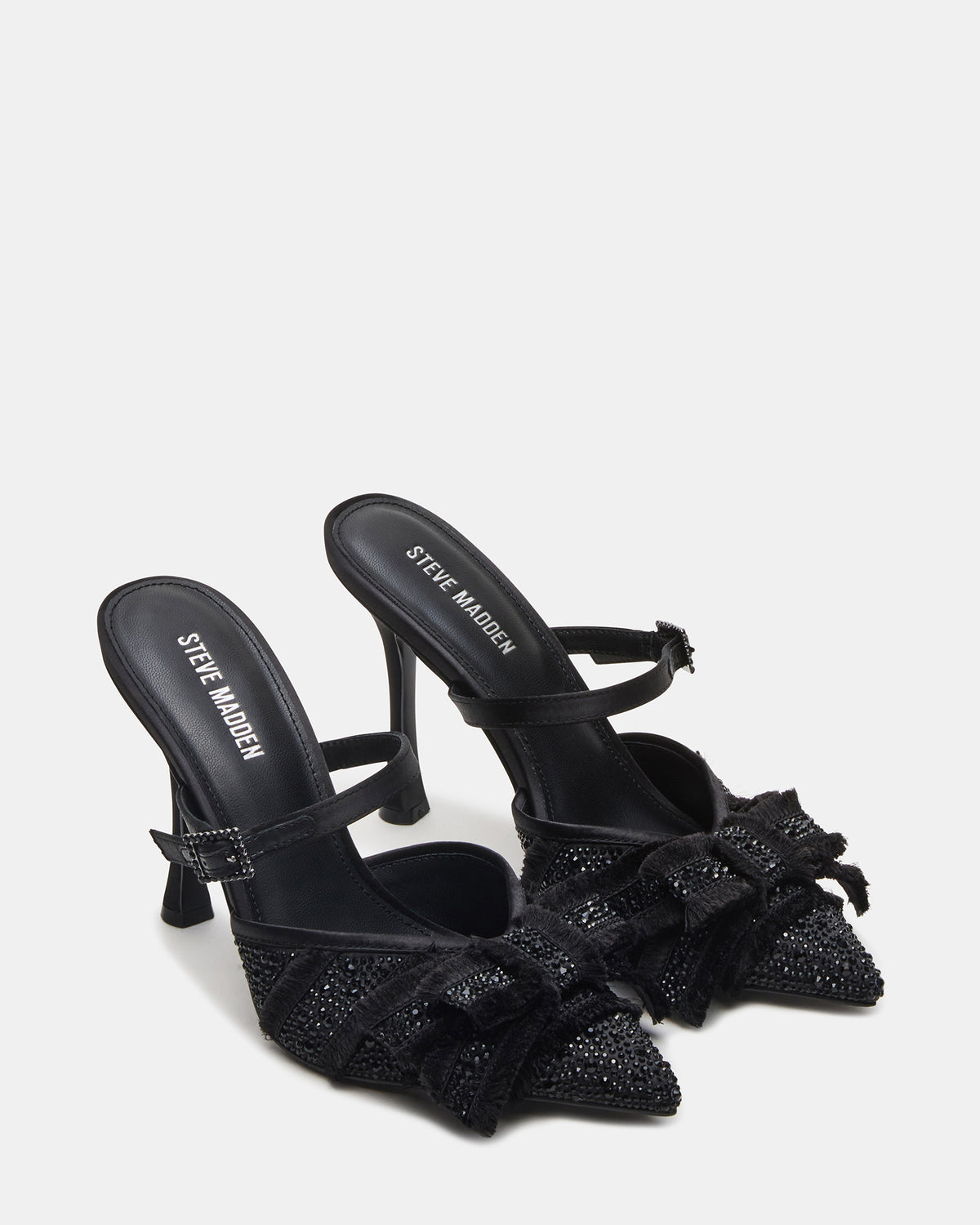 BAYLIN Black Satin Rhinestones Bow Pointed-Toe Stiletto Women's Heel | Steve Madden