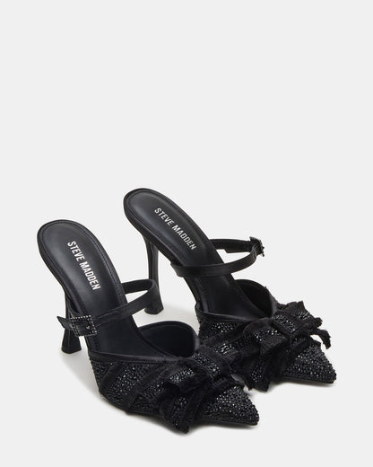 BAYLIN Black Satin Rhinestones Bow Pointed-Toe Stiletto Women's Heel | Steve Madden