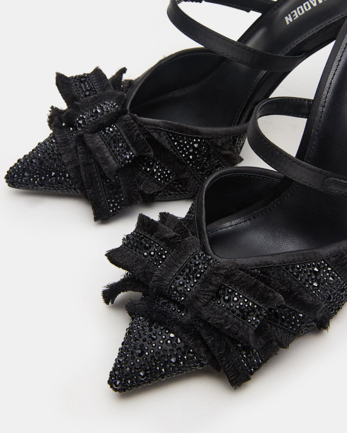 BAYLIN Black Satin Rhinestones Bow Pointed-Toe Stiletto Women's Heel | Steve Madden