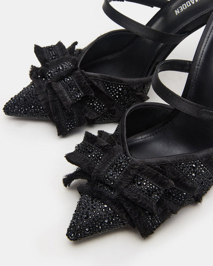 BAYLIN Black Satin Rhinestones Bow Pointed-Toe Stiletto Women's Heel | Steve Madden