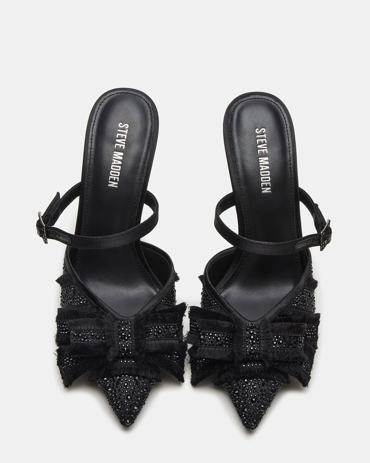 BAYLIN Black Satin Rhinestones Bow Pointed-Toe Stiletto Women's Heel | Steve Madden