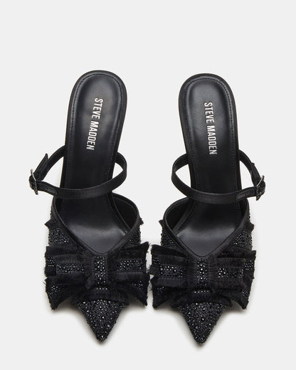 BAYLIN Black Satin Rhinestones Bow Pointed-Toe Stiletto Women's Heel | Steve Madden