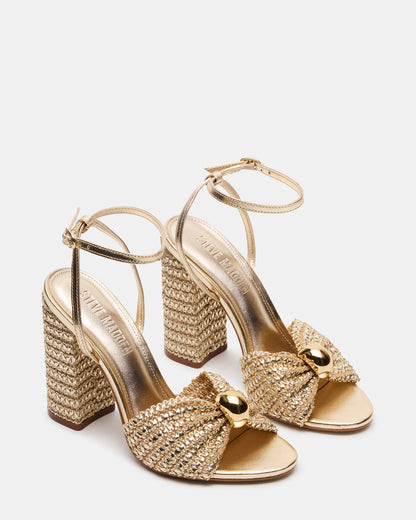 CHEYLA Gold Raffia Women's Block Heels | Steve Madden