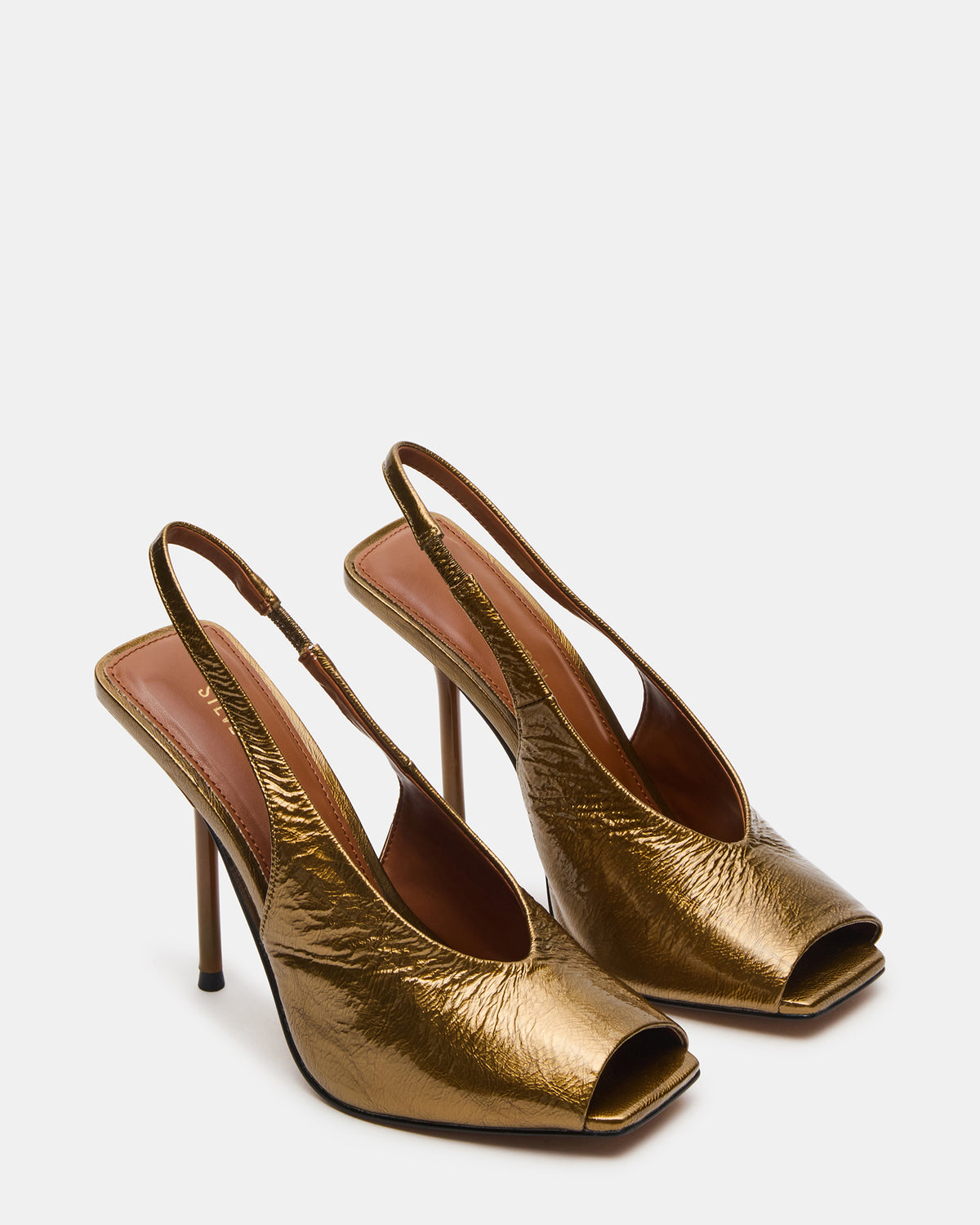 LUCIAN Olive Crinkle Patent Square-Toe Peep-Toe Slingback Women's Heel | Steve Madden