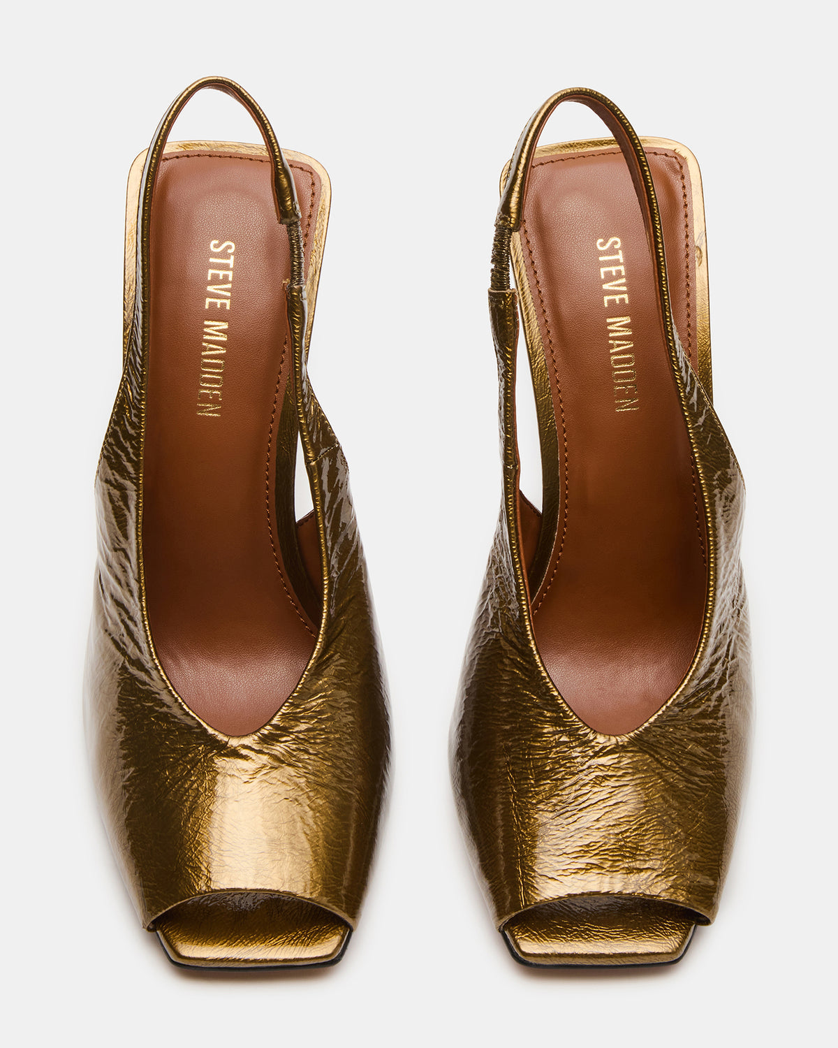 LUCIAN Olive Crinkle Patent Square-Toe Peep-Toe Slingback Women's Heel | Steve Madden
