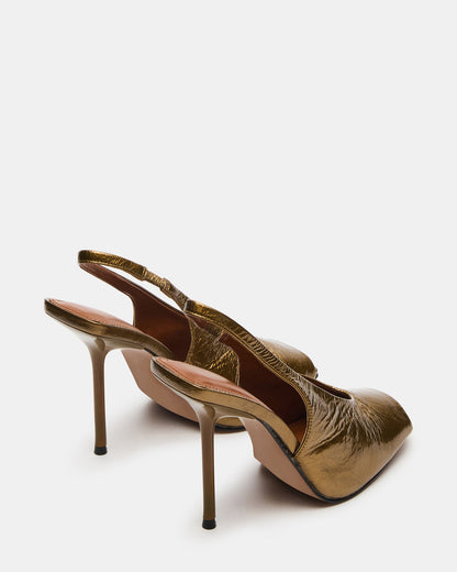 LUCIAN Olive Crinkle Patent Square-Toe Peep-Toe Slingback Women's Heel | Steve Madden