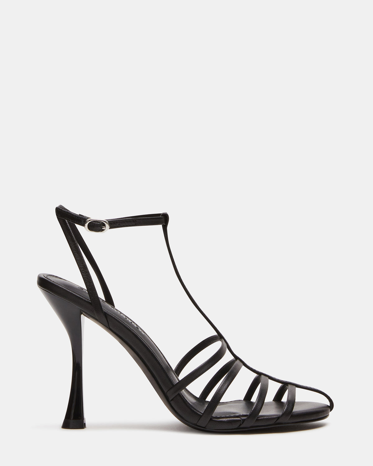 TILDAH Black Leather Strappy Rounded Toe Women's Heel | Steve Madden