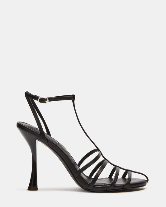 TILDAH Black Leather Strappy Rounded Toe Women's Heel | Steve Madden